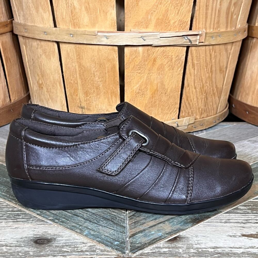 Clarks Everylay Luna Brown Leather Hook-and-Loop Casual Loafers Womens Size 8